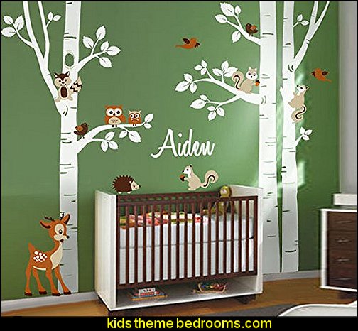 Birch Trees Wall Decal Nursery Wall Decal Forest Trees Wall Decal Animals Owsl Squirrels Bambi Baby Room Art Decor