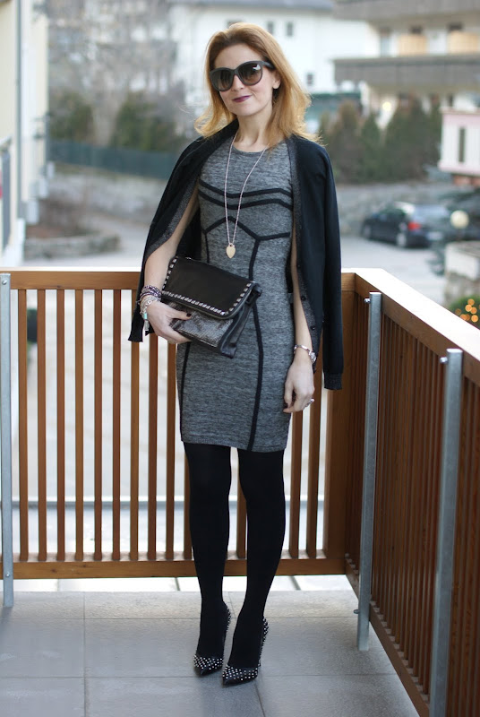 Guess dress, studded pumps, Maison Scotch cardigan