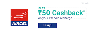 Aircel Prepaid Mobile Recharge Offer Flat Rs. 50 Cash Back Using Phonepe