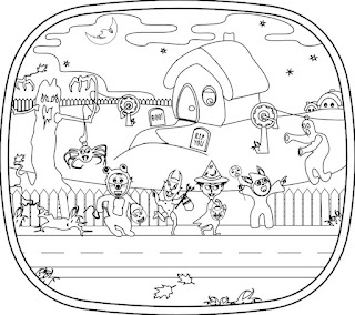 From a Halloween coloring book by Bindlegrim the black and white drawing features a classic cottage yard haunt.