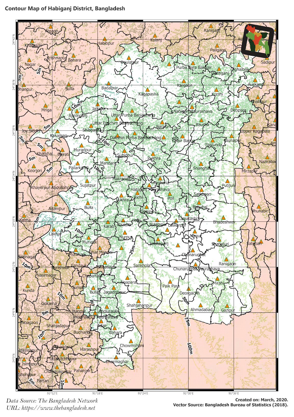 Elevation Map of Habiganj District of Bangladesh