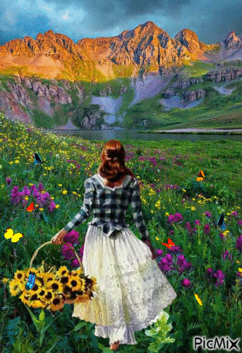 Linda jovem camponesa colhendo flores, contempla os campos floridos e as borboletas em volta e lá longe, as montanhas avermelhadas do solo seco. Se você conhece o autor desta imagem, por favor nos informe para que possamos atribuir-lhe os devidos créditos. Obrigado. Linda jovem camponesa colhendo flores, contempla os campos floridos e as borboletas em volta e lá longe, as montanhas avermelhadas do solo seco.