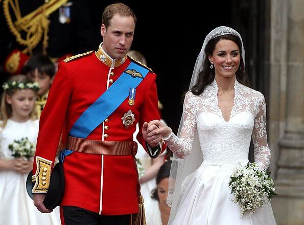 Kate Middleton and Prince William were married at Westminster Abbey. Wedding gown and diamond tiara. Meghan Markle