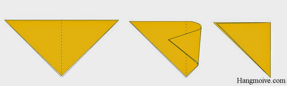 Bước 2: Gấp đôi tam giác cân lại theo chiều từ trái sang phải ta được một tam giác vuông.