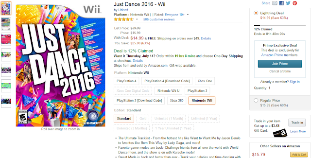 LIGHTNING DEAL! Just Dance 2016! Prime Day Amazon Just Dance 2016 Wii Lightning Deal