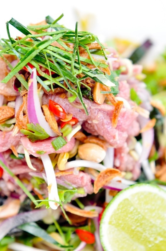 spicy vietnamese salad with cured beef and kaffir lime leaves