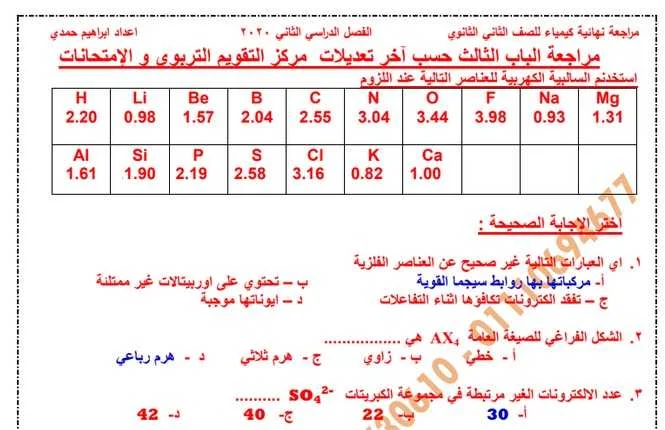 مراجعة ليلة الامتحان كيمياء الصف الثانى الثانوى ترم ثانى 2020  موقع مدرستى