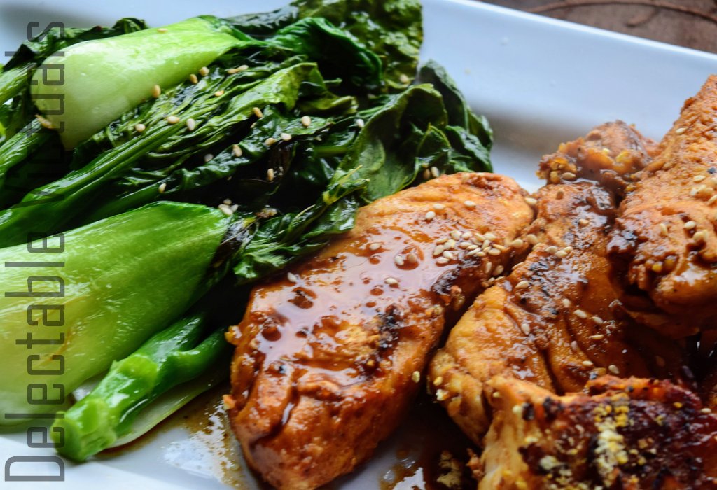 Delectable Victuals Teriyaki Halibut with Sauteed Garlic Gai Lan