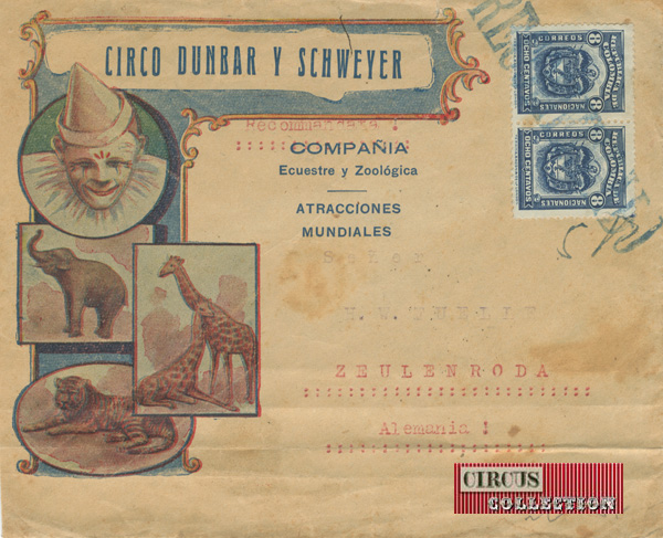 enveloppe d'un cirque colombien richement ornés d'animaux et d'une tête de clown blanc 