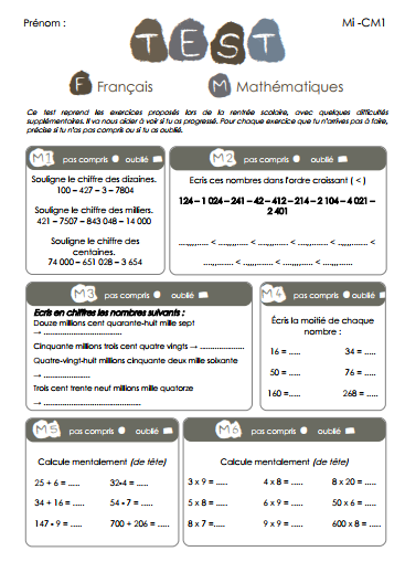  évaluation diagnostique CM1 Milieu d'année. - Free Learning Club Motiv 