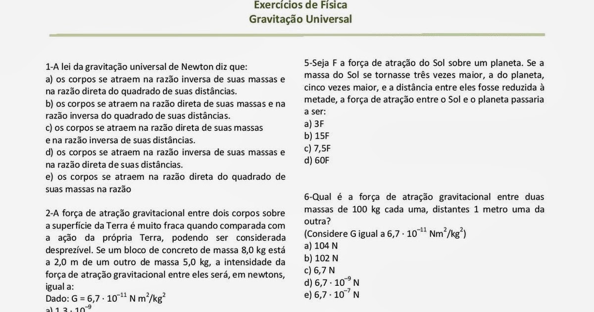Exercícios Sobre Lei Da Gravitação Universal - Exercícios Brasil Escola