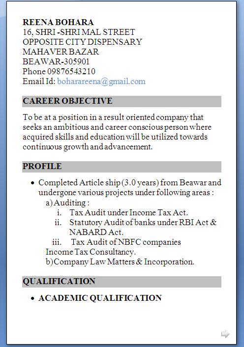 resume format for ca final students in word format