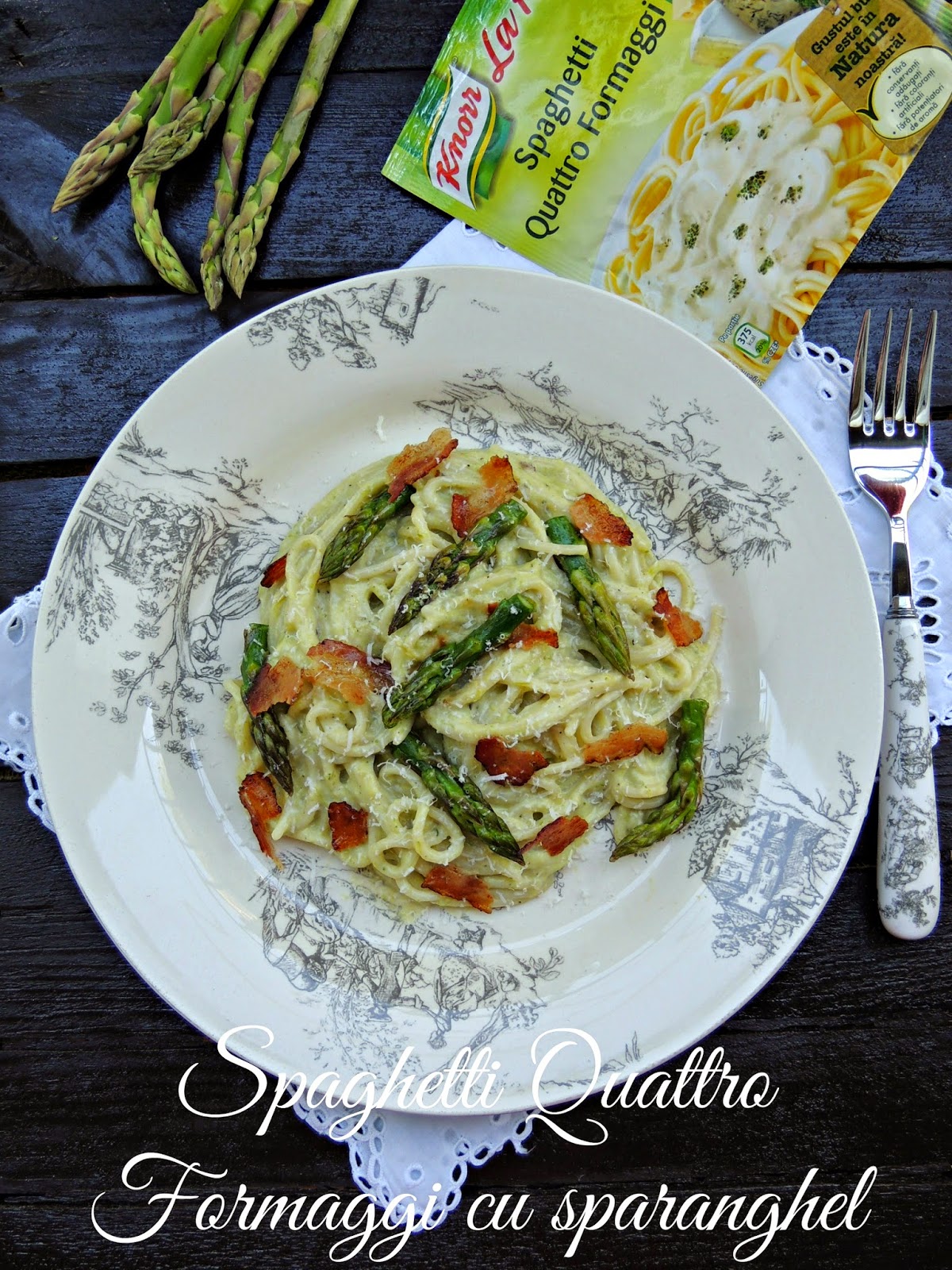 SPAGHETTI QUATTRO FORMAGGI CU SPARANGHEL