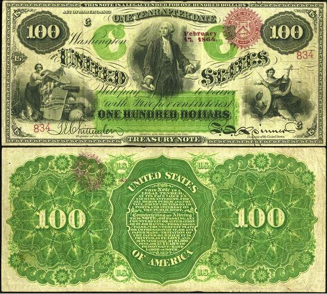 100 долларов США, 1863 год с портретом Вашингтона (выпущен северянами во время гражданской войны)