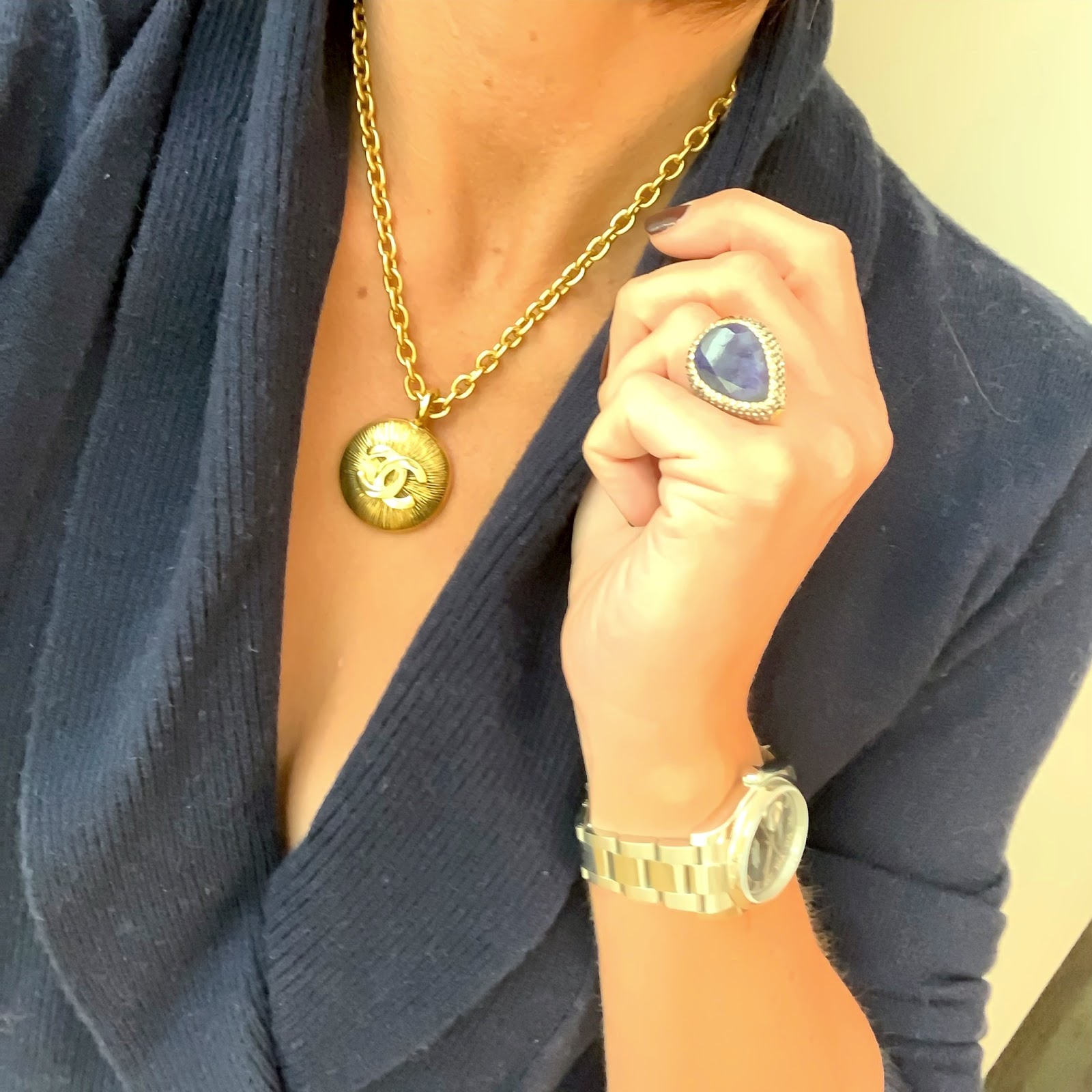 my midlife fashion, chanel vintage necklace, ralph lauren double breasted cardigan, j crew toothpick 8 inch jeans, loel and co large sapphire ring, charlotte olympia kitty flat shoes