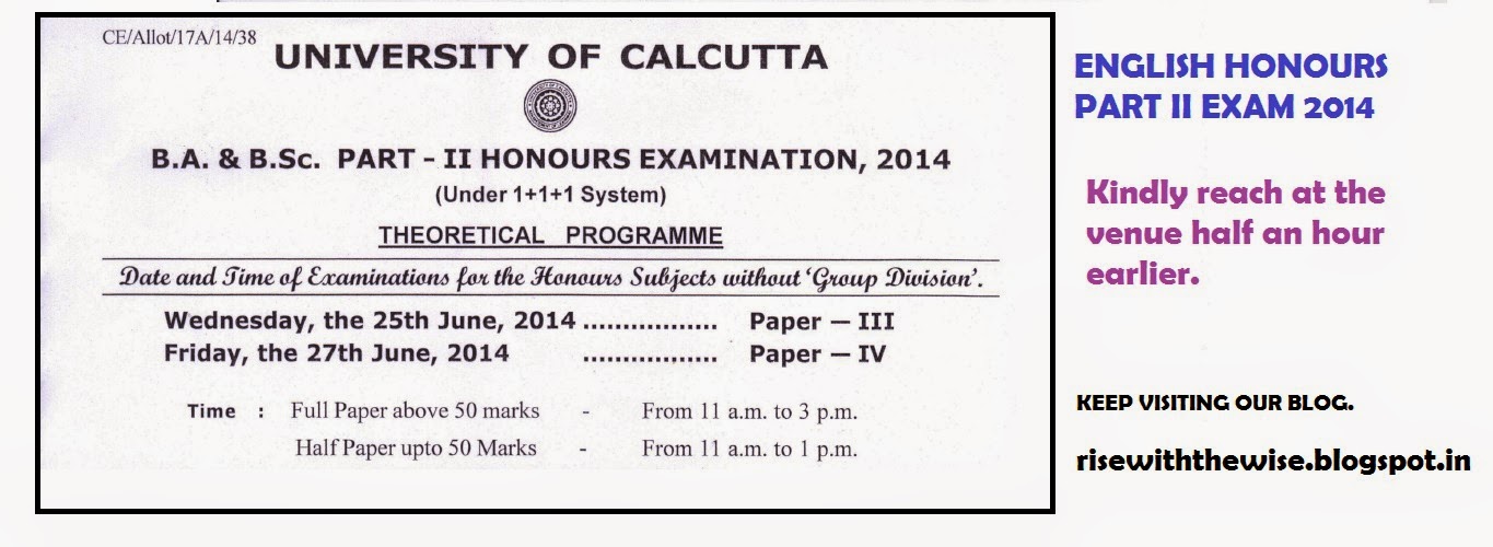 C.U. B.A /B.SC and English Honours PARTII EXAMINATION TIMETABLE The Wise Notes C.U. English