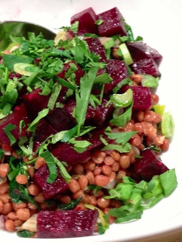 Sautéed Lentil-Thyme-Leek-Spinach-Beets Salad