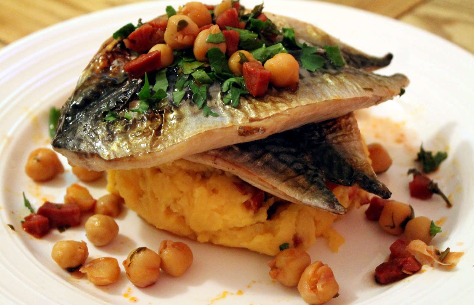Serena's Medium Rare Grilled Mackerel, with Potato & Chorizo Mash and Chickpea Salsa