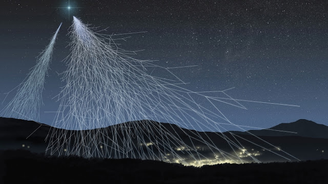 Vue artistique de gerbes de rayons cosmiques ultra-énergétiques (ASPERA/Novapix/L. Bret)