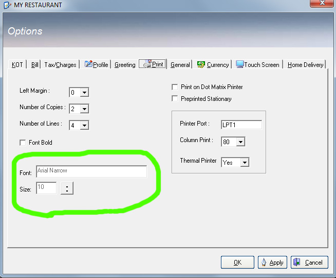 Customize font and size in Bill Printing Restaurant Billing Software