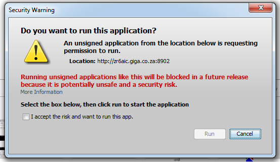 Java error message. Сообщение о небезопасном соединении java application blocked.