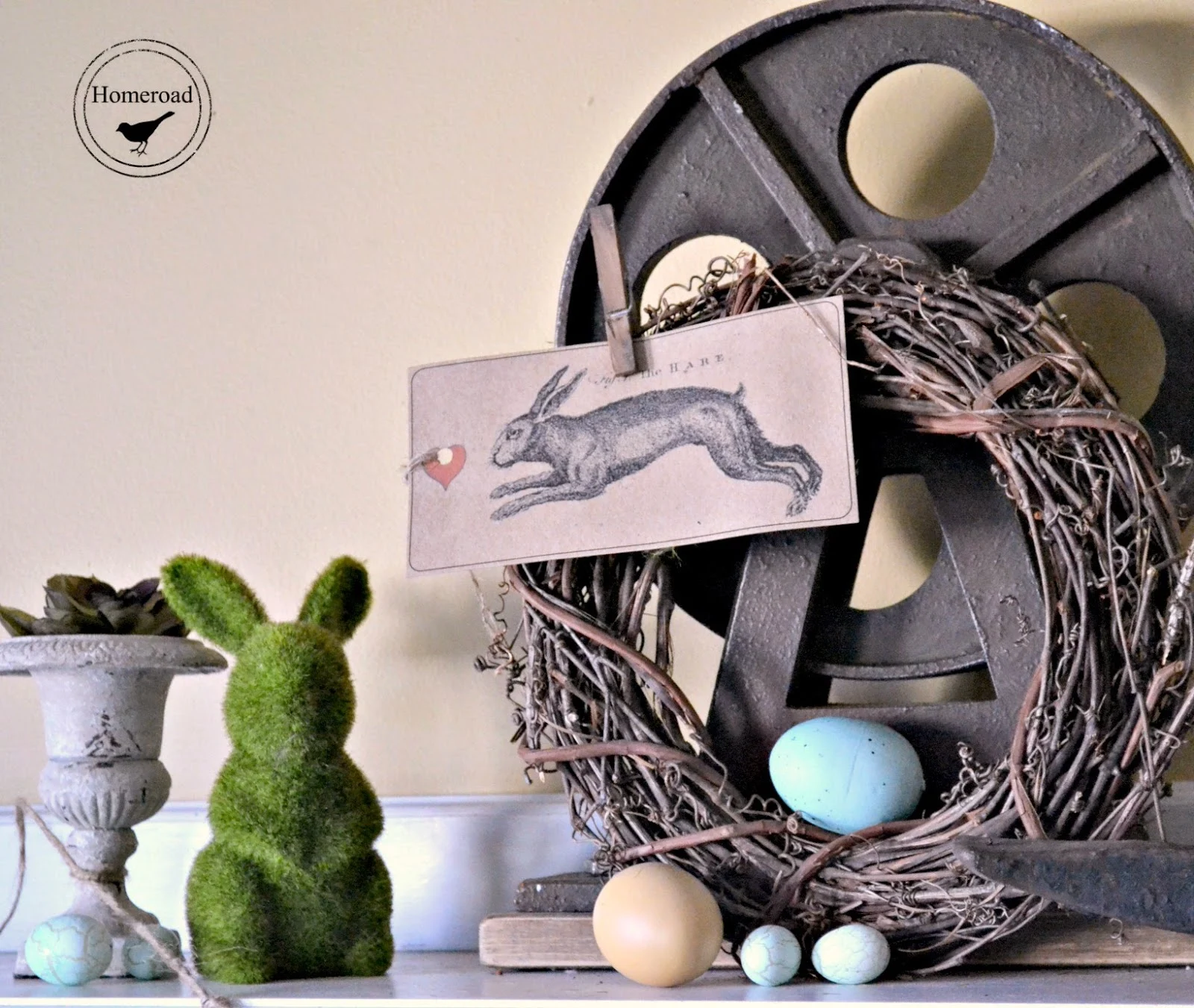 Bunny Garland and an Easter Mantel www.homeroad.net