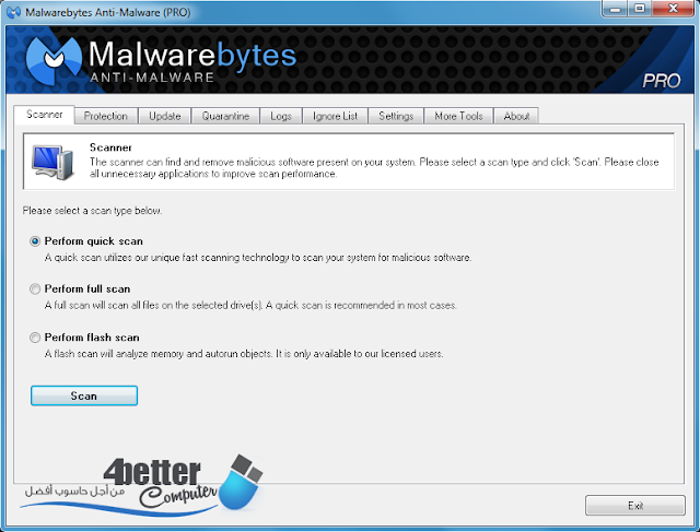 طريقة ازالة كل البرامج الضارة من الجهاز والبرمجيات الخبيثة والفيروسات المستعصية وحذفها بسهولة مع برنامج Malwarebyte.