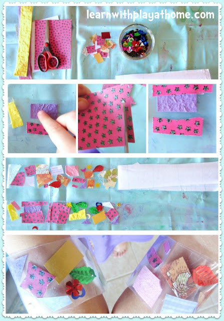 cutting practice, cutting activity, collage, contact paper, crafts for kids