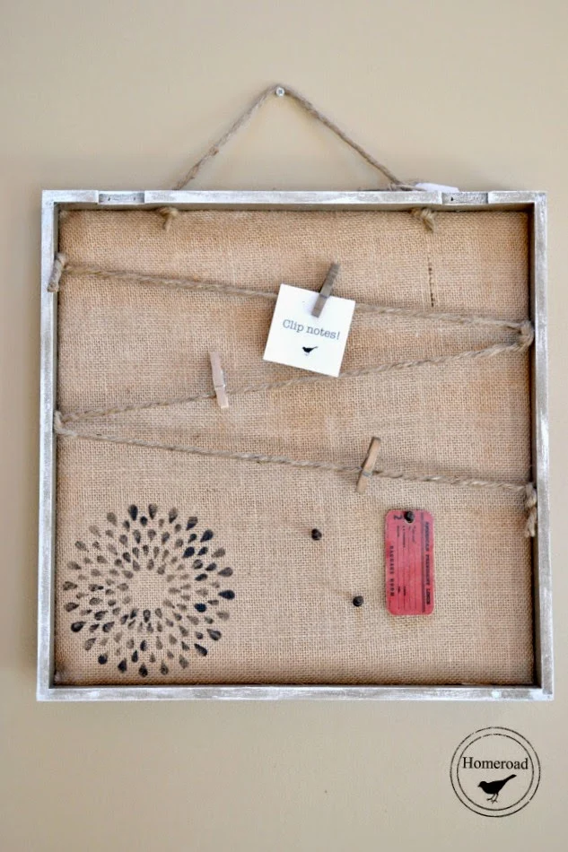 burlap and stenciled frame with jute twine