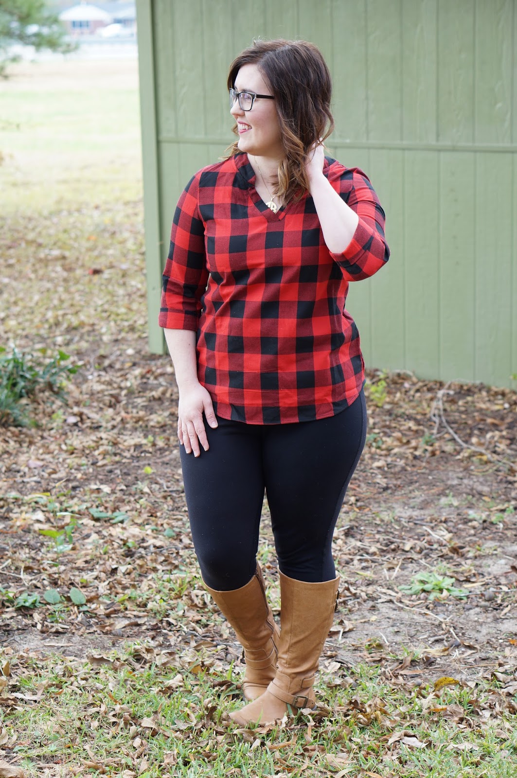 Rebecca Lately Dress Lily Buffalo Plaid Top Cory Vines Leggings Bare Traps Boots ONecklace Necklace