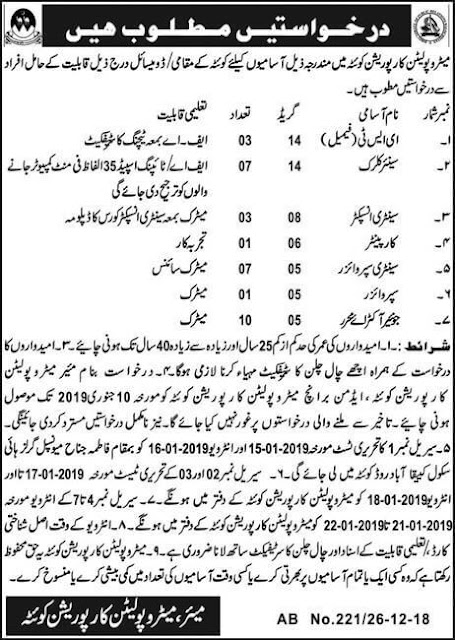 Jobs in Metropolitan Corporation Quetta Dec 2018 Jobs in Metropolitan Corporation Quetta Dec 2018
