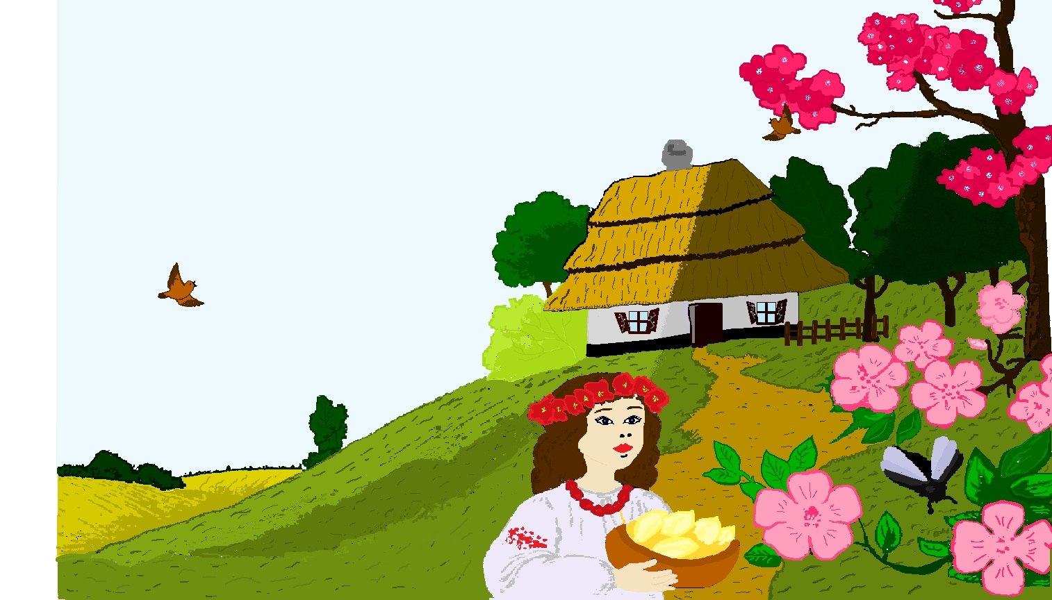 Коло хати. Украинская хата рисунок. Садок вишневий коло хати малюнок. Украинская хата раскраска.