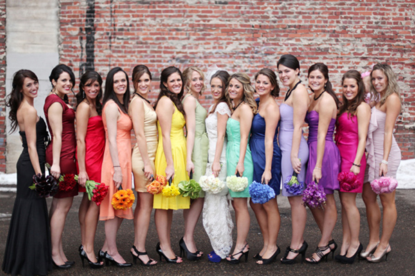 The Rainbow Effect Party Mosaic For A Chic Rainbow Wedding We Love The Idea Of Dressing Each Individual Bridesmaid In Diffe Color With Matching Bouquet