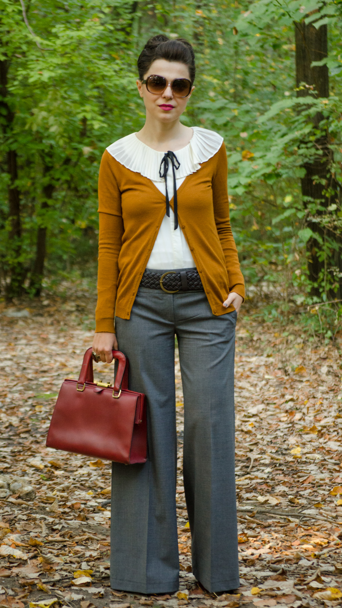 grey flare pants peter pan collar ivoire shirt black bow tie burgundy bag autumn outfit forest cardigan