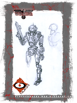 Boceto o diseño para personaje -robot de apoyo de la Kempeitai japonesa- hecha por ªRU-MOR para el juego de rol de sci-fi WALKÜRE. Robot de forma humanoide, armado, y con las insignias propias de esta policía de élite.