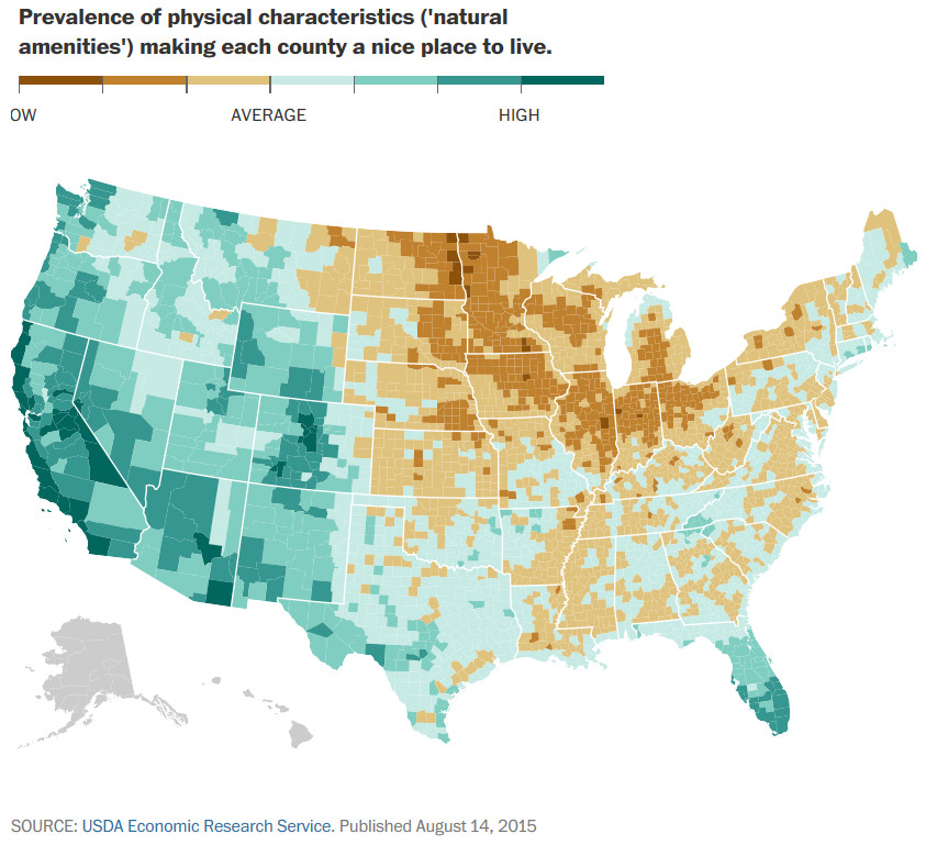 Prevalence of physical characteristics making each county a nice place to live
