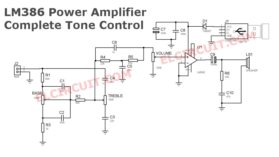USB Powered Audio Amplifier LM386 + Tone Control - Electronic Circuit