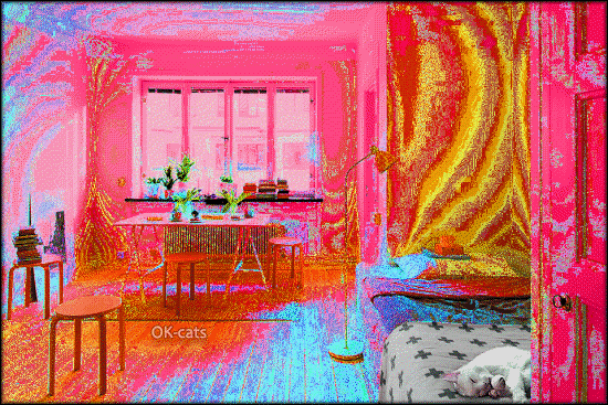 Art Cat GIF • Relaxed white Cat grooming his right paw in a flashing psychedelic room Art Cat GIF • Relaxed white Cat grooming his right paw in a flashing psychedelic room