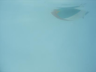 Foto da água mostrando uma bola boiando na água, porém vista por baixo.