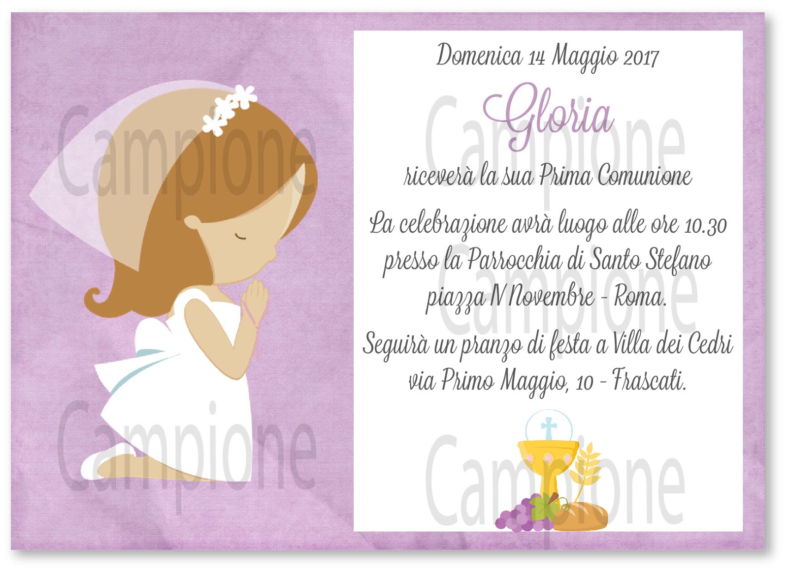 My Sweet Blog: Prima Comunione: invito lilla con bimba che prega