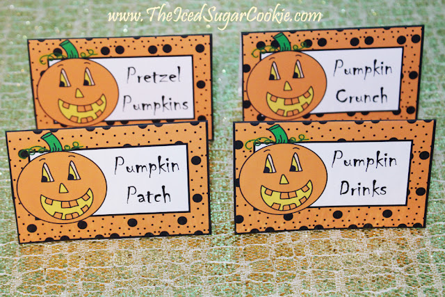 Pumpkin Food Label Tent Cards Printable Template Cutouts-Fall Birthday Party-Pumpkin Patch, Pumpkin Drinks, Pretzel Pumpkins, Pumpkin Crunch by The Iced Sugar Cookie