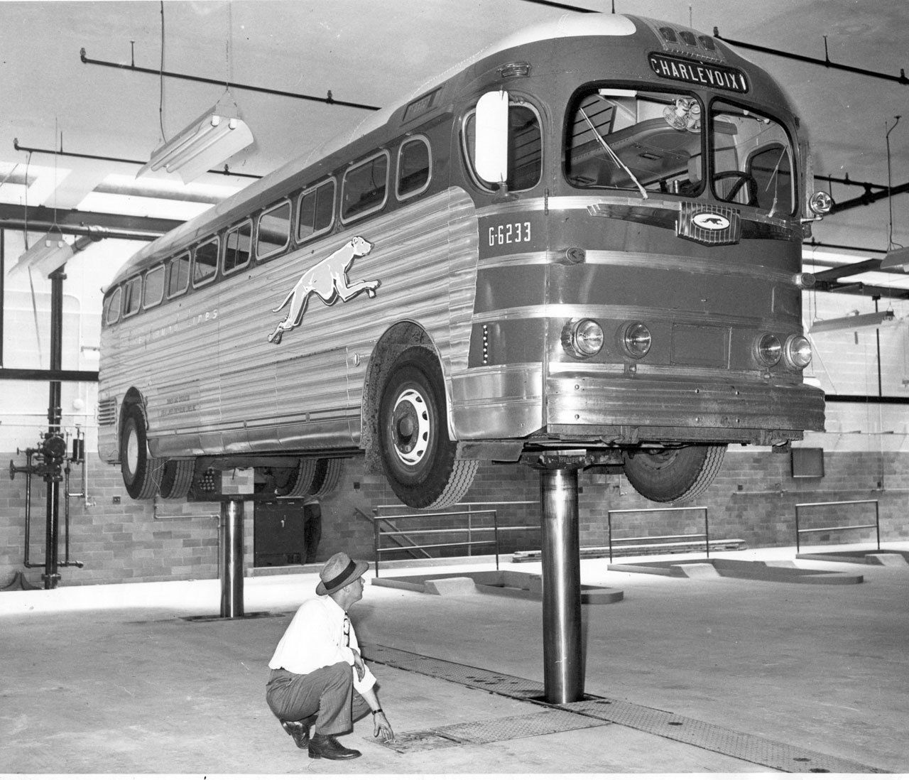 Greyhound bus in the shop for inspection