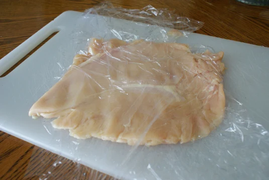 Pond chicken between plastic wrap until ¼ inch think