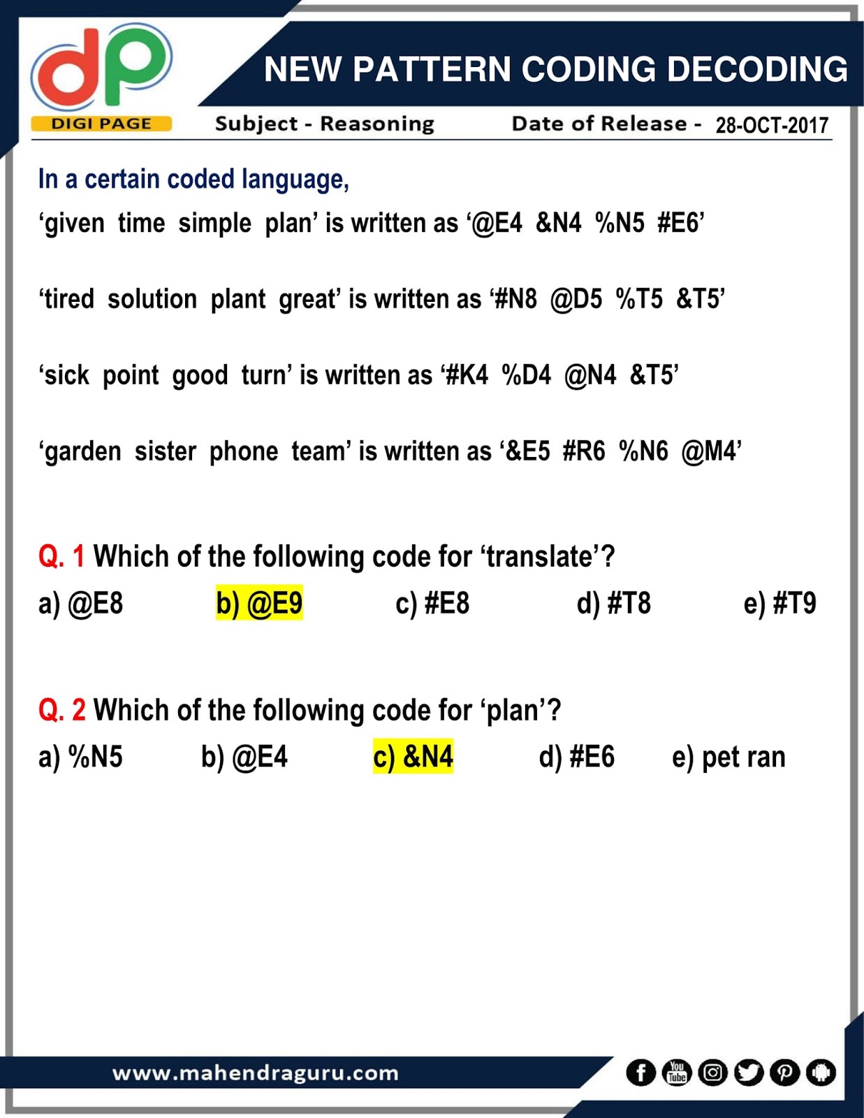 DP | New Pattern Coding Decoding For IBPS RRB PO Mains | 28 - 10 - 17