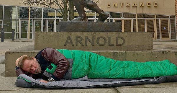 Arnold Sleeping Under Statue Is He Really Not Getting Hotel Room