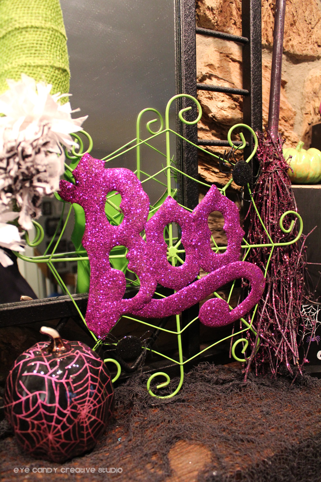 spider web, Boo sign, witch's broom, purple halloween mantel