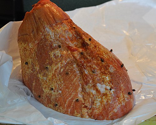 Twice-Smoked Ham for Ham 101 ♥ KitchenParade.com, scored and stuck with cloves