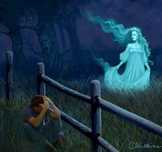 La Llorona Ilustración de la Llorona en el campo cerca a un hombre
