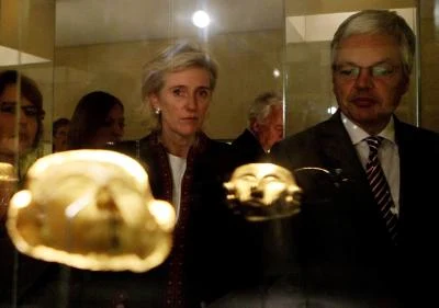 Belgium's Princess Astrid, gestures to the media as she poses for a photo during her visits to the Modern Art Museum 