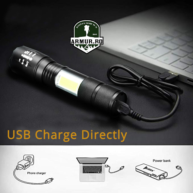 Lanterna Q5 Tactica incarcare USB Zoom Incarcare USB - acumulator 18650 incorporat